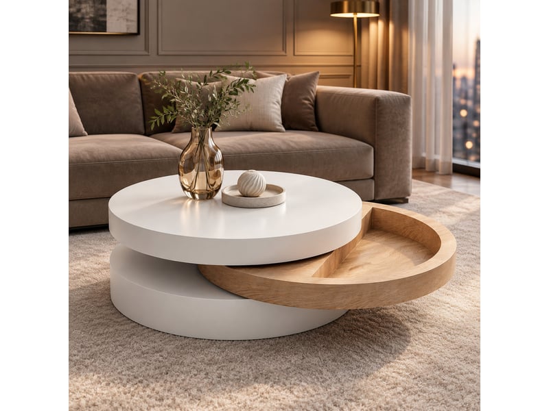  Table basse ronde pivotante 360° avec rangement pour salon en mdf 60×60×35,1 cm blanc naturel  - Conforama B