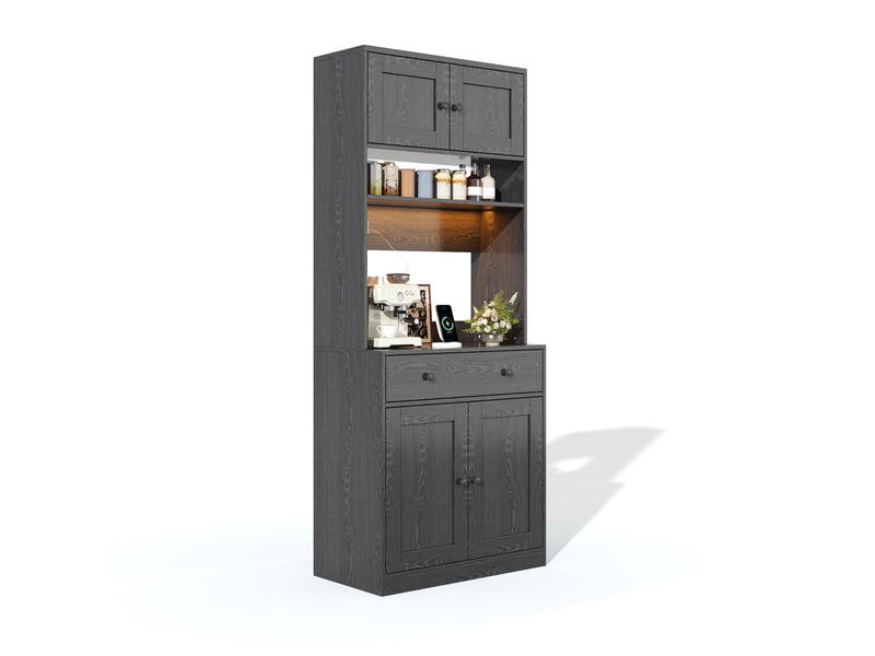 Buffet haut 72x40x180 cm, avec led et prises intégrées, mdf noir, design moderne, meuble de rangement cuisine et salon - Conforama A