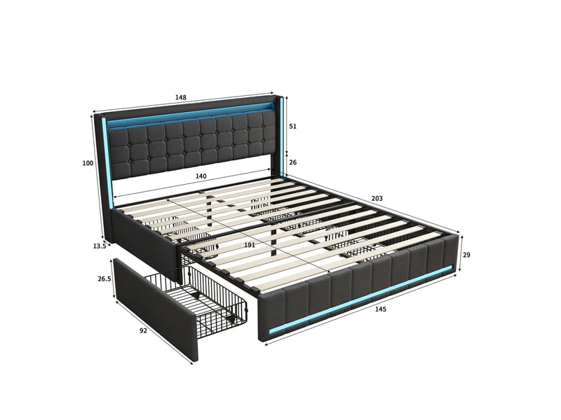  Lit 140x190 avec 4 tiroirs, lit double adulte avec éclairage led, tête de lit avec prises usbtype-c, tissu lin, style moderne, gris foncé  - Conforama E