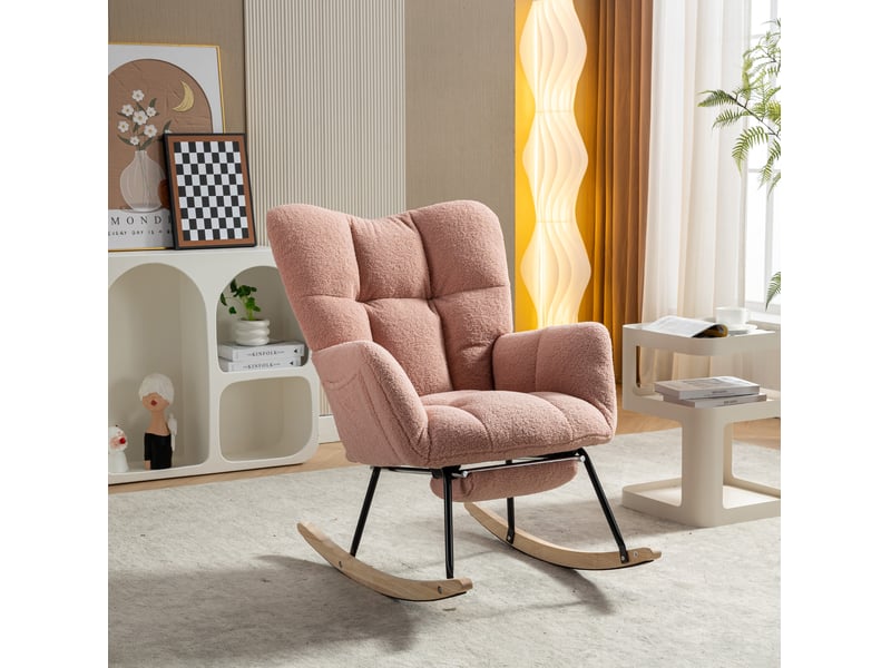Fauteuil à bascule confortable, revêtement teddy, rose, relax, modèle à oreilles avec repose-pieds et porte de rangement - Conforama D