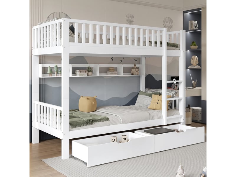  Lit superposé 90x200cm avec échelle 3 marches barrière étagères tiroirs blanc  - Conforama E
