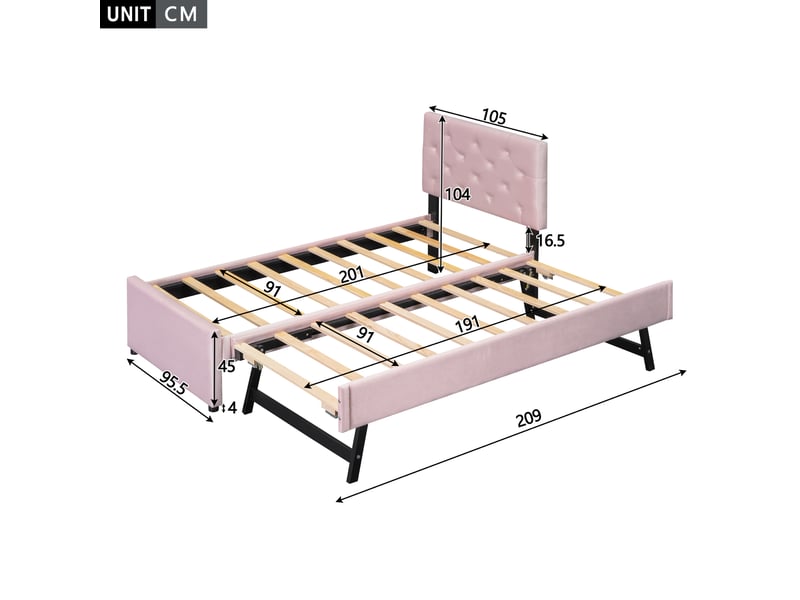  Lit enfant 90x200cm,lit gigogne en velours avec conception des boutons,rose lit enfant rose - Conforama C