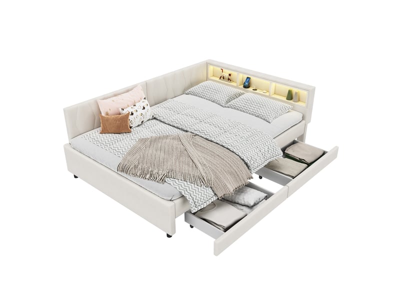  Lit de jour 140x200 canapé-lit en lin beige avec led, ports usb et type-c  - Conforama A