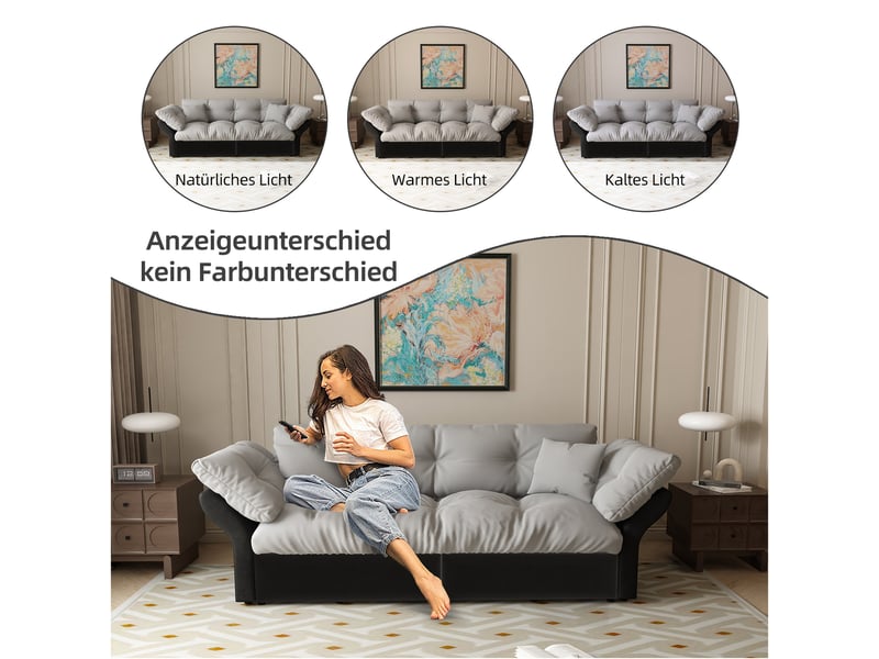 Canapé-lit convertible 3-en-1 2 places 190x85x91 cm, canapé extensible capitonné, couchage 154x203 cm, méridienne, 2 coussins, velours gris clair - Conforama E