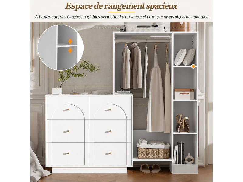  Armoire de chambre ouverte, tringle à vêtements, 6 tiroirs et étagères latérales, 139 x 35 x 133 cm, blanc  - Conforama E