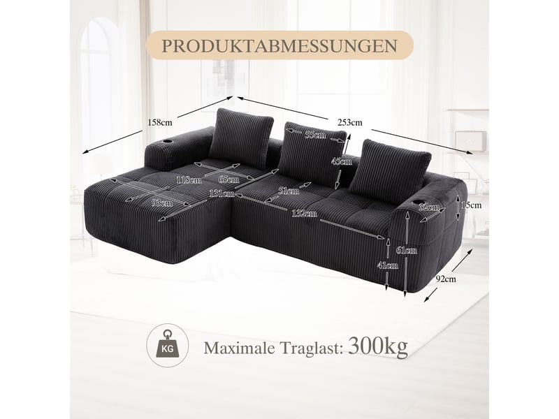  Canapé modulable, canapé de salon – en velours côtelé, porte-gobelets, poches latérales, coussins inclus, gris foncé  - Conforama R