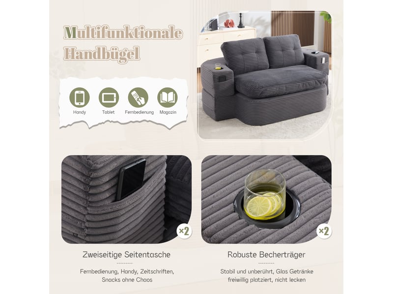 Canapé convertible 165x123 cm avec fonction méridienne, accoudoirs réglables et 2 porte-gobelets, velours, gris foncé - Conforama E