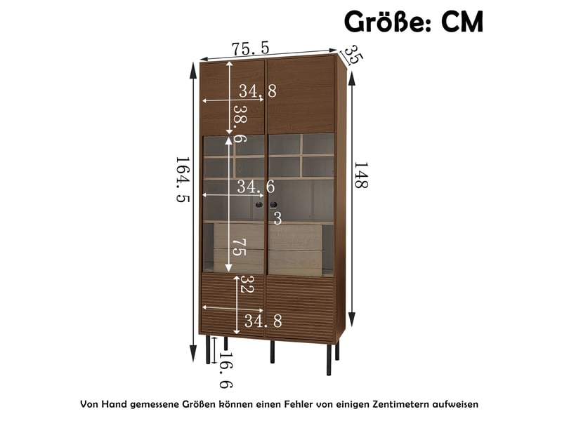  Vitrine avec façade en verre, 4 tiroirs cachés et étagères modulées, pour salon, en mdf, bois, 75,5 × 35 × 164,5 cm  - Conforama D