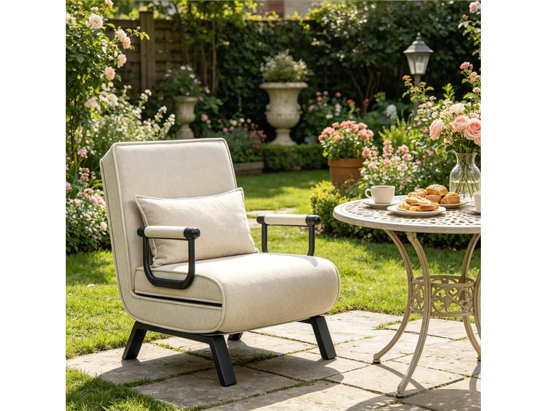  Fauteuil convertible en lit avec dossier réglable en 5 positions, lin beige  - Conforama B