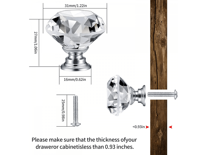  8 boutons de porte en cristal, poignées de diamant pour armoires et boutons de cuisine.  - Conforama B