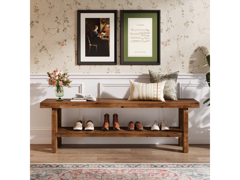  Banc de rangement pour chaussures en bois massif, banc d'entrée de 140 cm avec étagère inférieure, banc de style ferme pour bout de lit, chambre, salon, couloir ou vestibule  - Conforama D