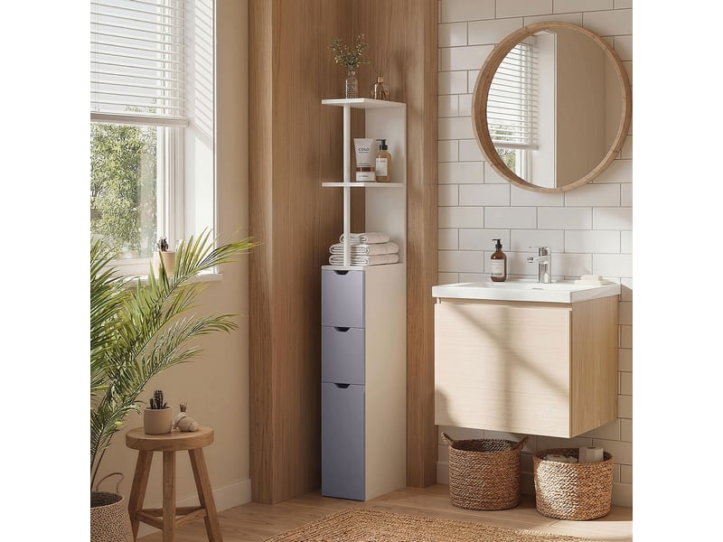  Meuble de salle de bain gain de place en bois, avec étagères et tiroirs, 15 x 33 x 136,8 cm, gris clair  - Conforama C