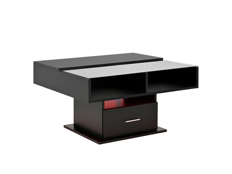 Table basse multifonctionnelle laquée brillante avec éclairage led, hauteur réglable et espace de rangement modulable – design moderne pour salons, bureaux et petits appartements  - Conforama D
