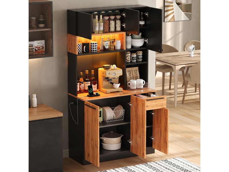  Buffet cuisine 6 portes et 1 tiroir, 100 x 40 x 180 cm, éclairage led, prises, ports usb et étagères réglables, mdf, couleur bois Morn Vibe - Conforama D