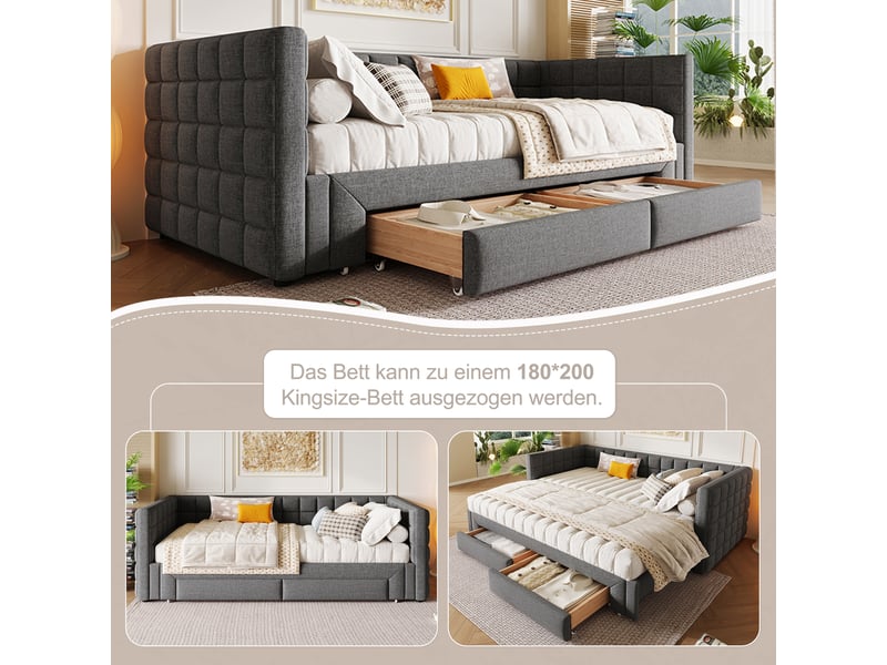 Lit banquette 90x200 extensible 180 velours gris avec 2 tiroirs  - Conforama D