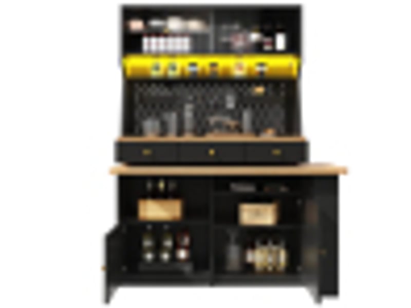 Meuble haut avec bureau, coloris noir, 137 × 74 × 177,7 cm, mdf, métal et verre, bureau et tablette bar intégrés - Conforama A