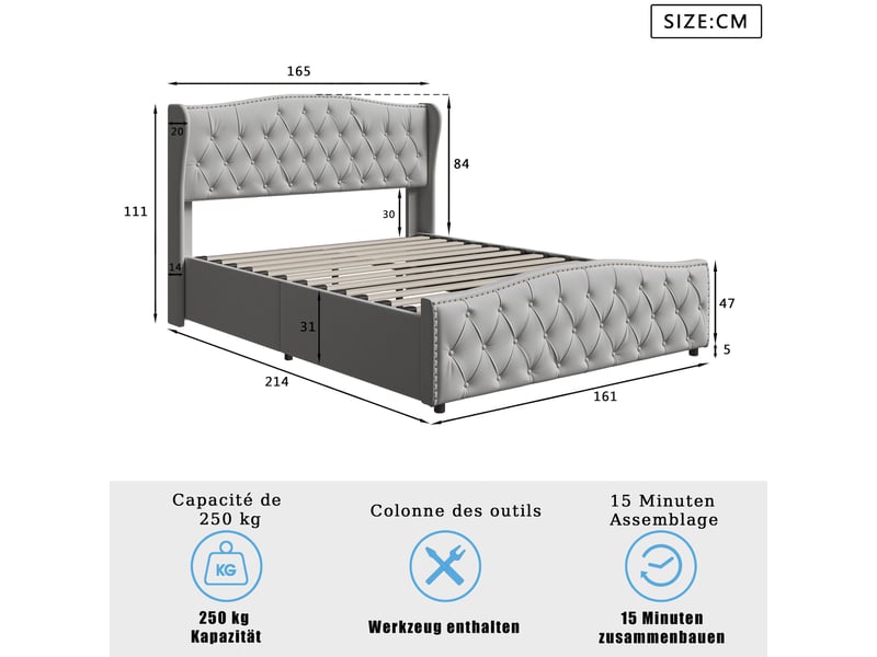  Lit coffre double 160 x 200 cm en velours, lit rembourré avec de rangement hydraulique, lit double avec sommier à lattes et tete de lit capitonné, décor avec boutons,2 personnes, sommier à lattes, chambre adulteado, cadre de lit…  - Conforama E