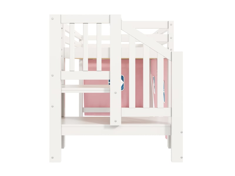  Lit mi-hauteur 90x200 cm blanc en bois de pin, rideaux occultants, espace inférieur ouvert, led, sans matelas  - Conforama E