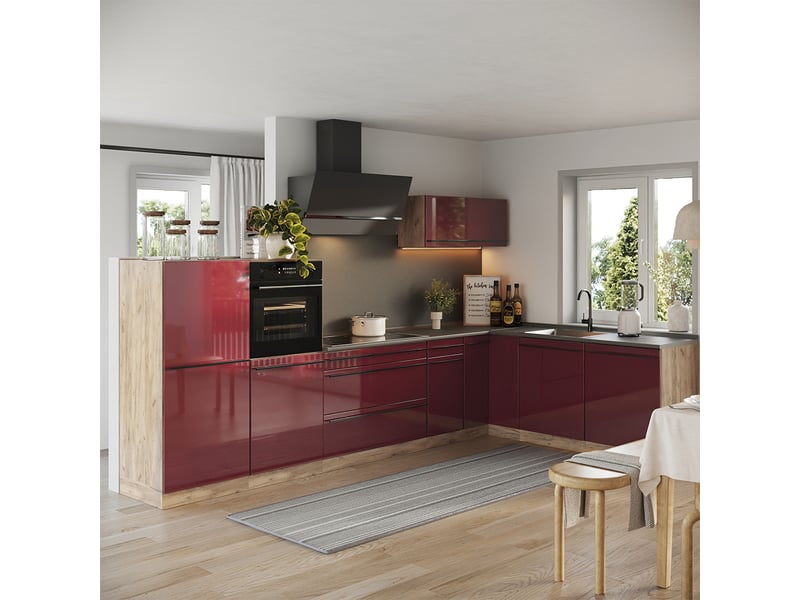  Vicco cuisine en angle, rouge brillantchêne doré, 347 x cm plan de travail chêne doré  - Conforama C