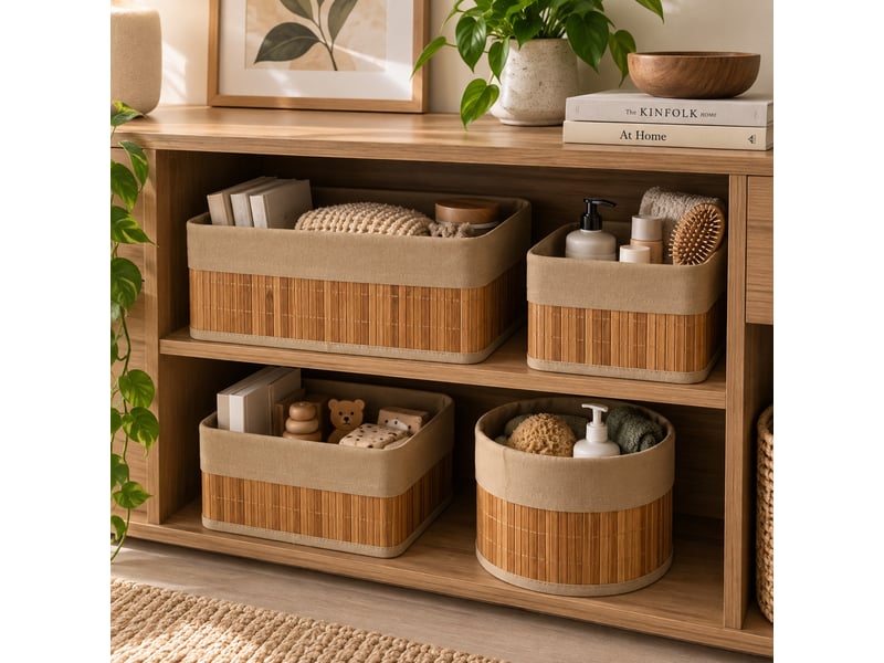  Lot de 4 paniers de rangement multiformes en bambou et tissu marron,corbeilles multi-usages décoratives  - Conforama B