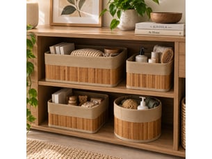 Lot de 4 paniers de rangement multiformes en bambou et tissu marron,corbeilles multi-usages décoratives