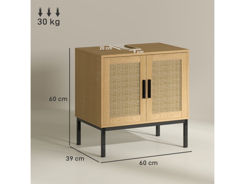  Meuble sous lavabo chêne 60x39x60 cm avec rangement effet rotin et dispositif anti-basculement  - Conforama C