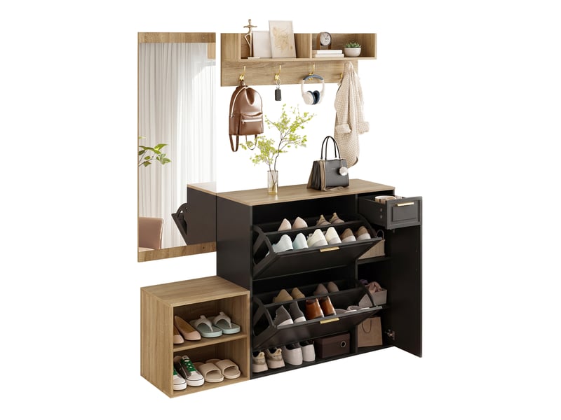Meubles d'entrée 4 pièces avec meuble à chaussures, banc, miroir et patère pour entrée en panneaux noir naturel