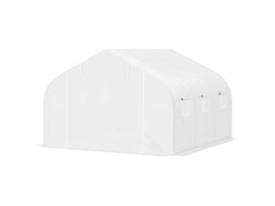 Serre tunnel de jardin 13,35 m² dim. 4,5l x 3l x 2h m porte + 6 fenêtres enroulables acier galvanisé bâche pe haute densité blanc