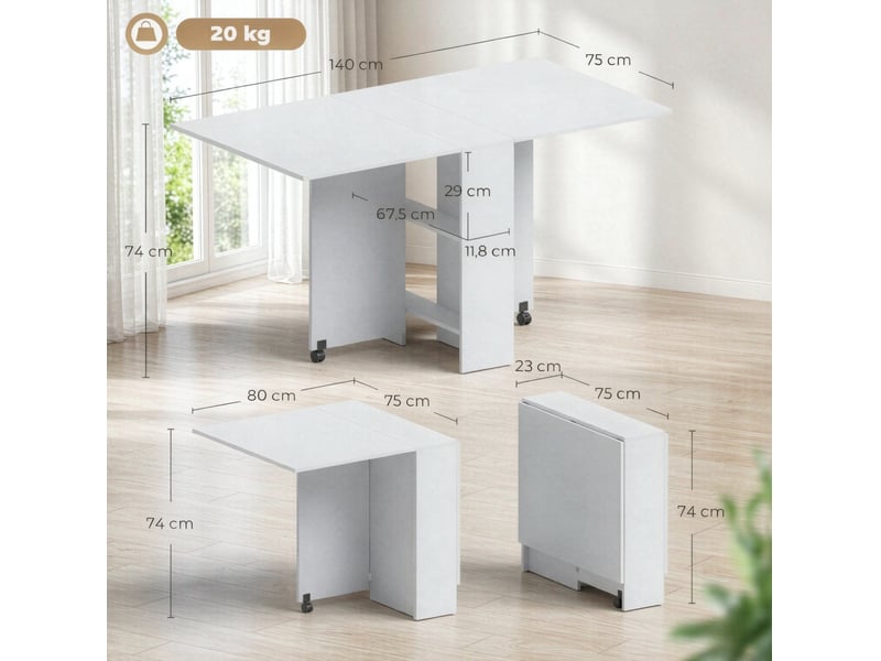  Table de salle à manger pliante avec 2 étagères, roulettes freinées, en panneaux de particules blancs, pour cuisine  - Conforama C