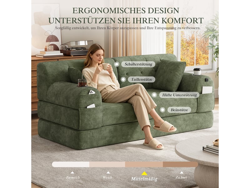  Canapé droit convertible 2 places en velours côtelé vert 168 x 80 x 81 cm, dossier haut, porte-gobelets, poches 168x80x81cm - Conforama R