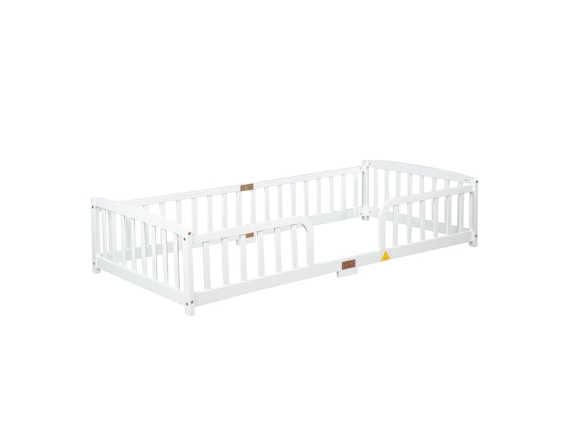 Lit au sol 90x200 cm blanc en pin avec barrières de sécurité et entrée centrale - Conforama E