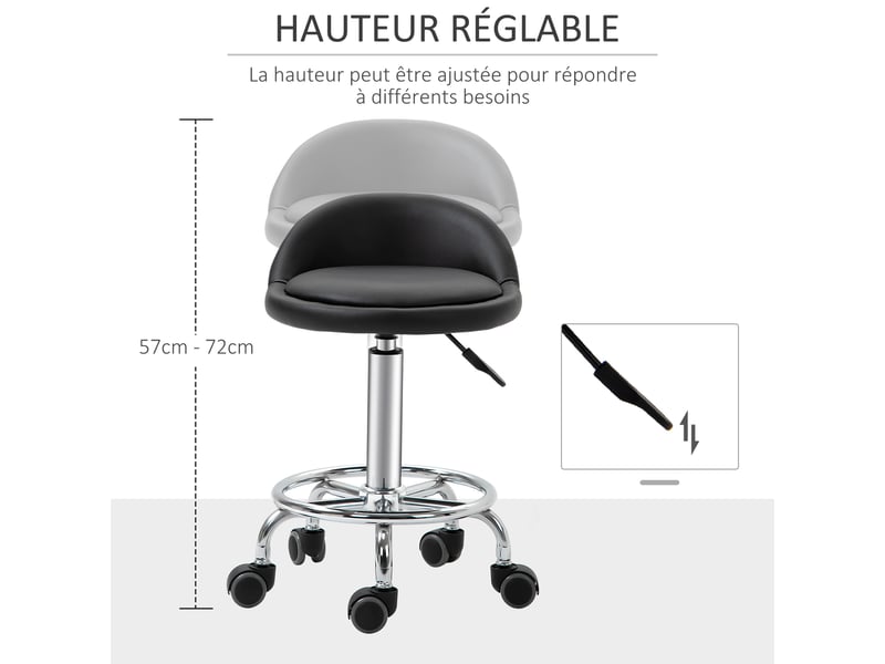  Lot de 2 tabouret à roulette pivotant 360°, acier chromé revêtement synthétique noir, assise réglable 47-62h cm  - Conforama A