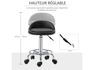 Lot de 2 tabouret à roulette pivotant 360°, acier chromé revêtement synthétique noir, assise réglable 47-62h cm