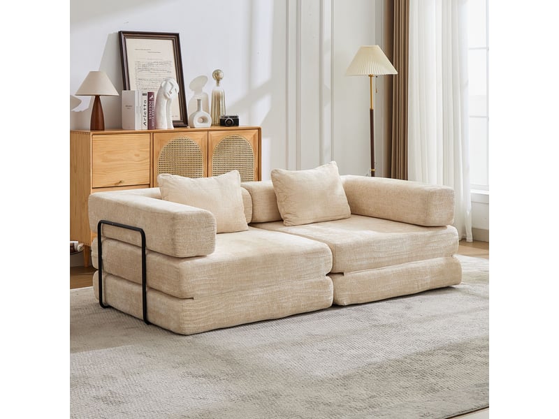 Canapé convertible 200 cm, canapé-lit modulable au sol en tissu chenille, sans montage, 2 places, beige - Conforama B