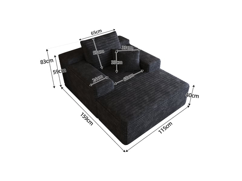  Méridienne 1 place 115 x 159 x 83 cm en velours côtelé noir  - Conforama C