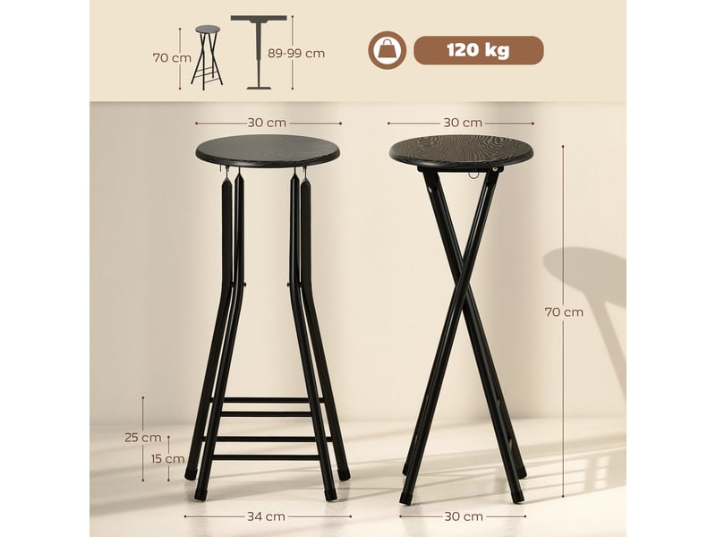  Lot de 2 tabourets de bar pliants avec double repose-pieds, en bois et acier, 34 x 30 x 70 cm, noir  - Conforama E