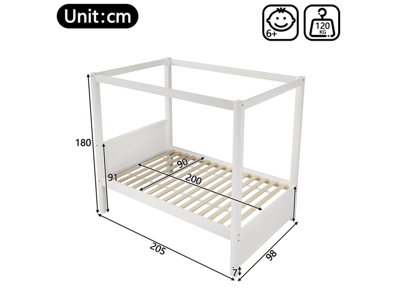  Lit baldaquin 90x200 cm blanc en bois et mdf, cadre à toit ouvert à lattes verticales, style nordique  - Conforama C