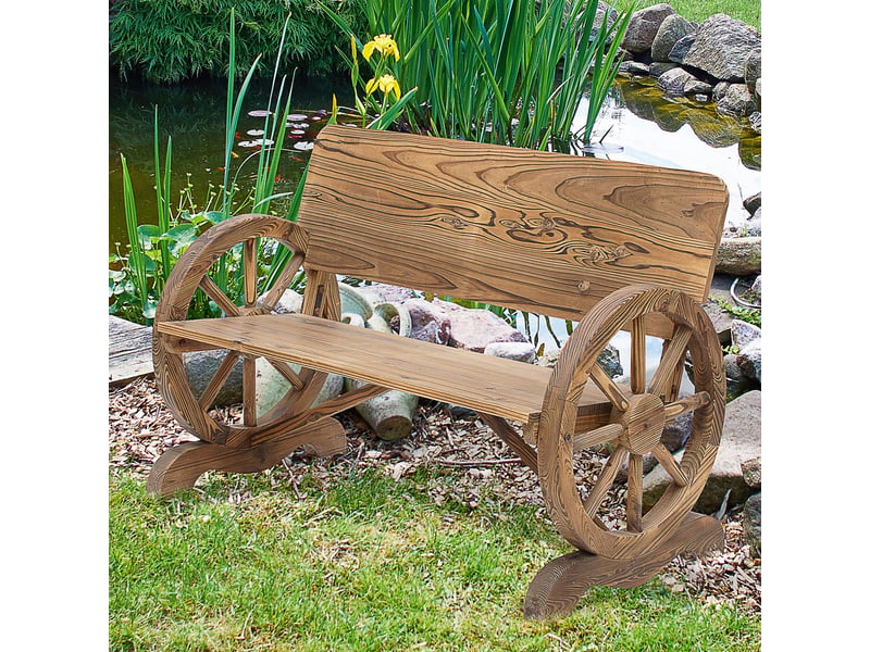  Banc jardin 2 places bois massif, accoudoirs, design roue chariot, max 250 kg, rustique, 114x58x80 cm, marron.  - Conforama D
