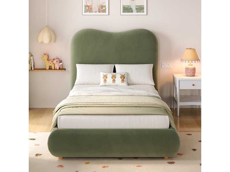  Lit coffre enfant 200×90 cm avec rangement hydraulique et sommier à lattes, sans matelas, en velours vert  - Conforama B