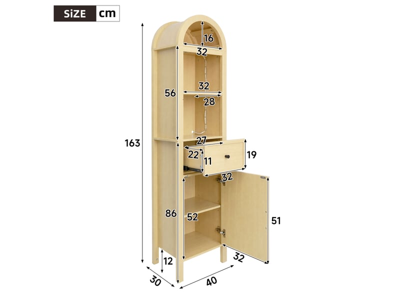 Colonne de salle de bains bois naturel, 40 × 30 × 163 cm, mdf, éclairage led, éléments en verre, fermeture douce - Conforama B