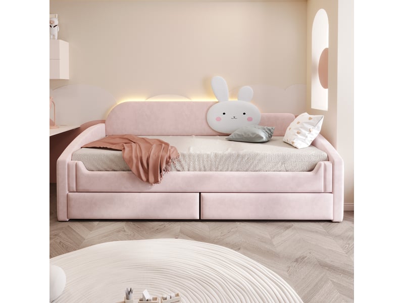  Lit banquette enfant 90x200 cm, 2 tiroirs, led, coussin lapin, rangement, mdf métal, tissu velours, rose, sans matelas  - Conforama D