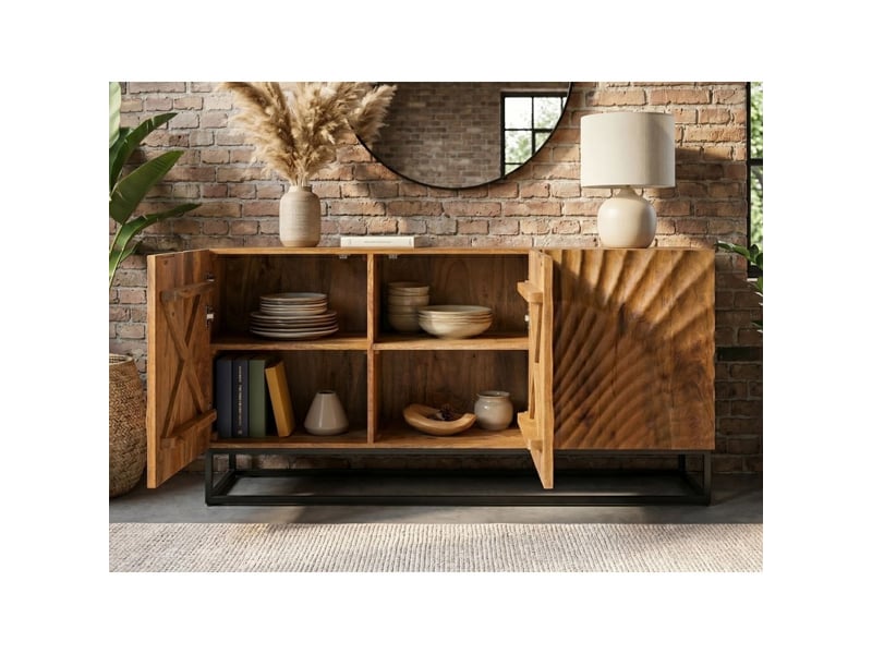  Buffet silva 140 cm en bois massif de manguier sculpté – 3 portes et piètement métal noir  - Conforama E