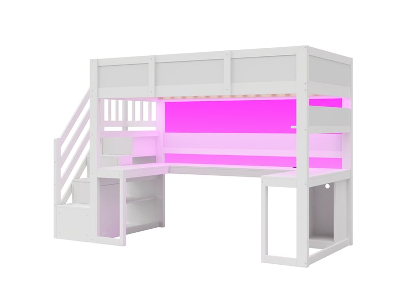 Lit mezzanine enfant gaming 90x200 cm lit adolescent lit simple en bois avec bureau escalier de rangement led ports usb, blanc - Conforama R