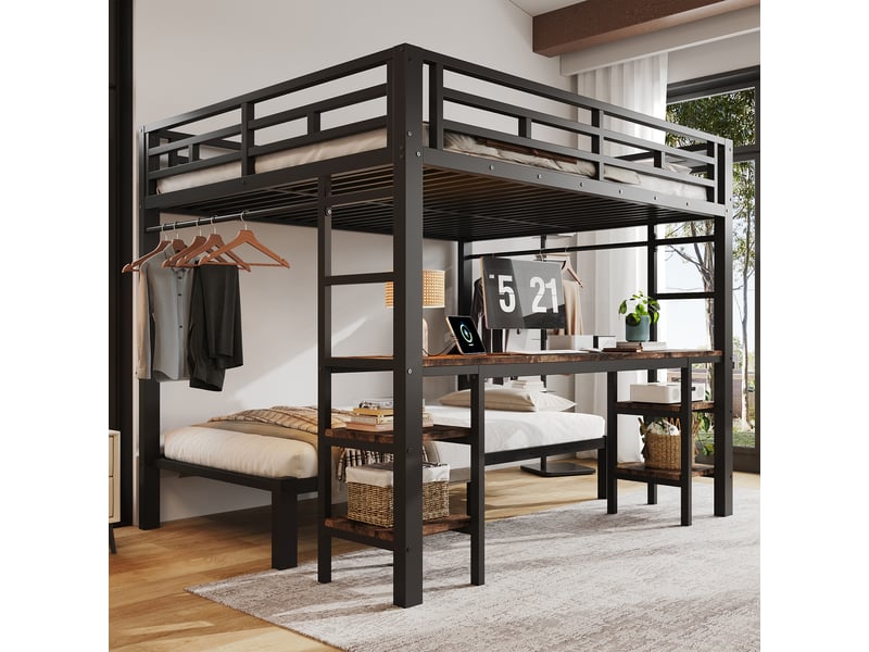  Lit superposé enfant 23 places 90140×200 cm lit simple lit double en métal avec bureau rangement tringle à vêtements, noir  - Conforama D