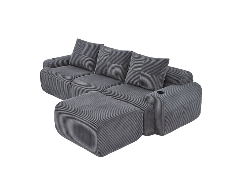 Canapé modulable 3 places avec poufs en velours côtelé gris foncé - Conforama A
