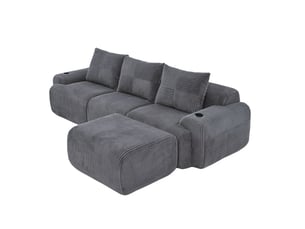 Canapé modulable 3 places avec poufs en velours côtelé gris foncé