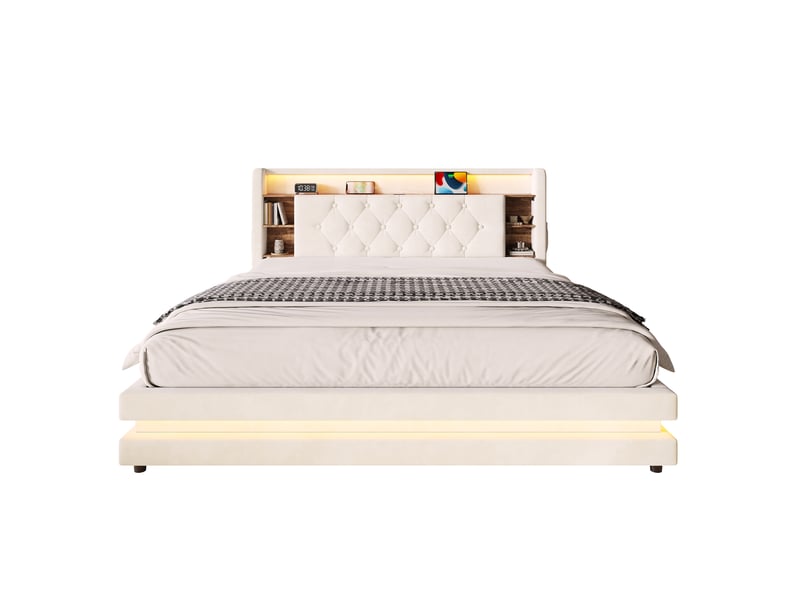  Lit coffre rembourré 160 x 200 cm, rangement hydraulique, tête de lit avec étagères, led, 2 usbtype-c, sommier à lattes, velours, beige Seren Glow - Conforama A