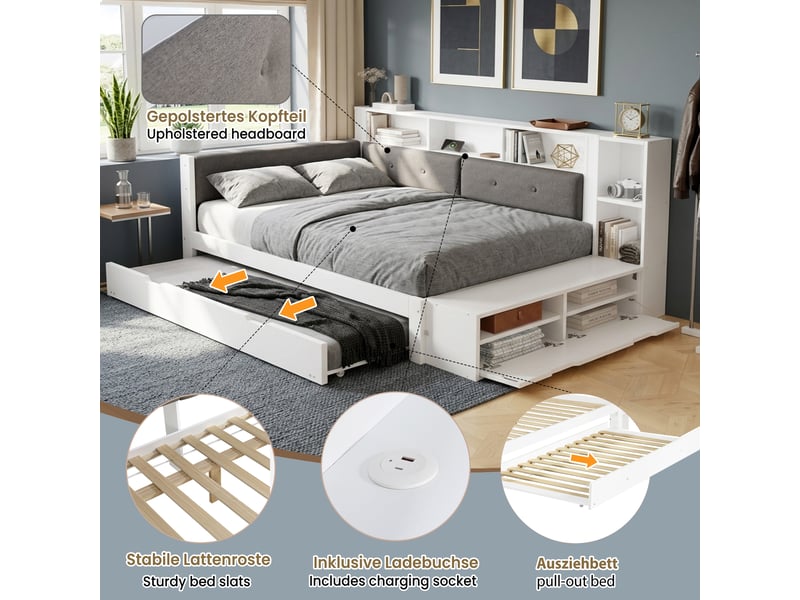  Lit 120 x 200 cm en bois avec lit gigogne 90 x 190 cm, tête de lit rembourrée, rangements, port de charge, banc à chaussures, blanc  - Conforama D