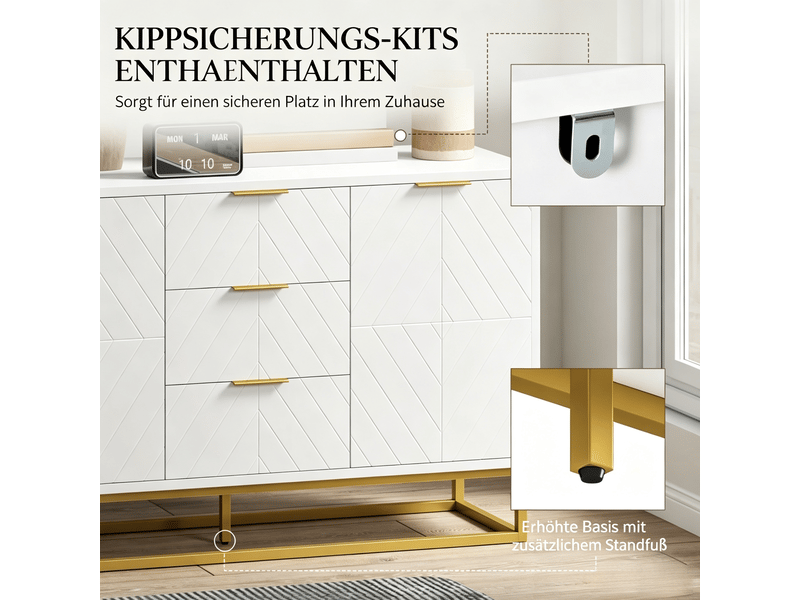  Buffet de rangement 2 portes 3 tiroirs avec étagères réglables - lpospi - piètement métal mdf blanc et or  - Conforama E