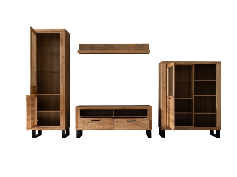  Ensemble meuble de salon de 4 pièces meuble tv, 2 vitrines et une étagère murale coloris chêne massif huilé  - Conforama C
